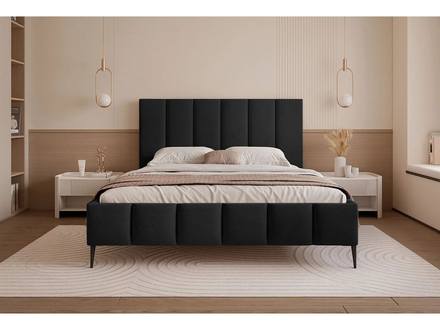 Lit coffre avec pieds - 140x200 cm - en tissu velours schwarz - SARAFINO