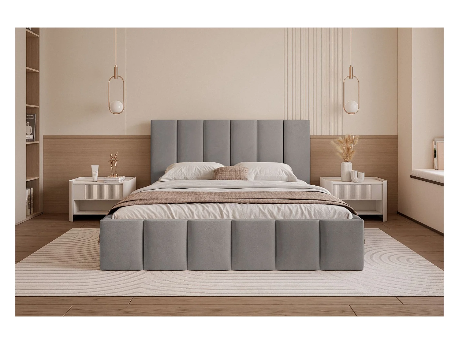 Lit coffre - 160x200 cm - en tissu velours gris clair - SARAFINO