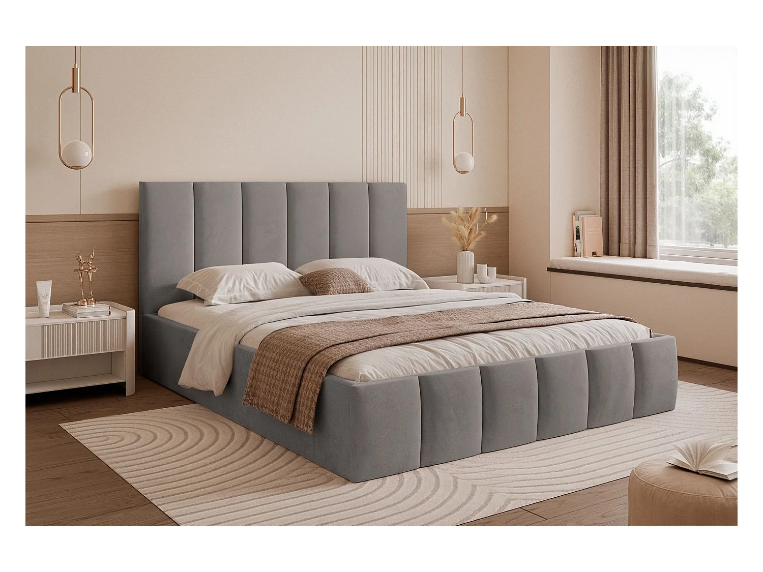 Lit coffre - 160x200 cm - en tissu velours gris clair - SARAFINO