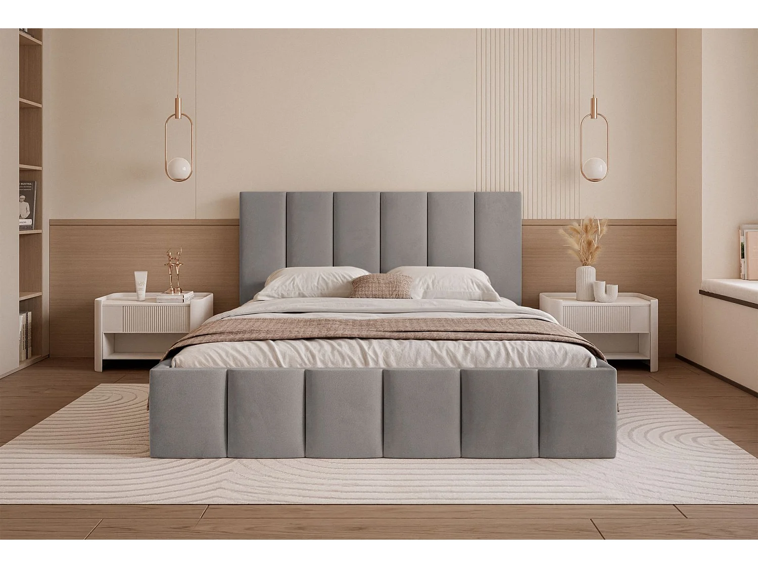 Lit coffre - 160x200 cm - en tissu velours gris clair - SARAFINO