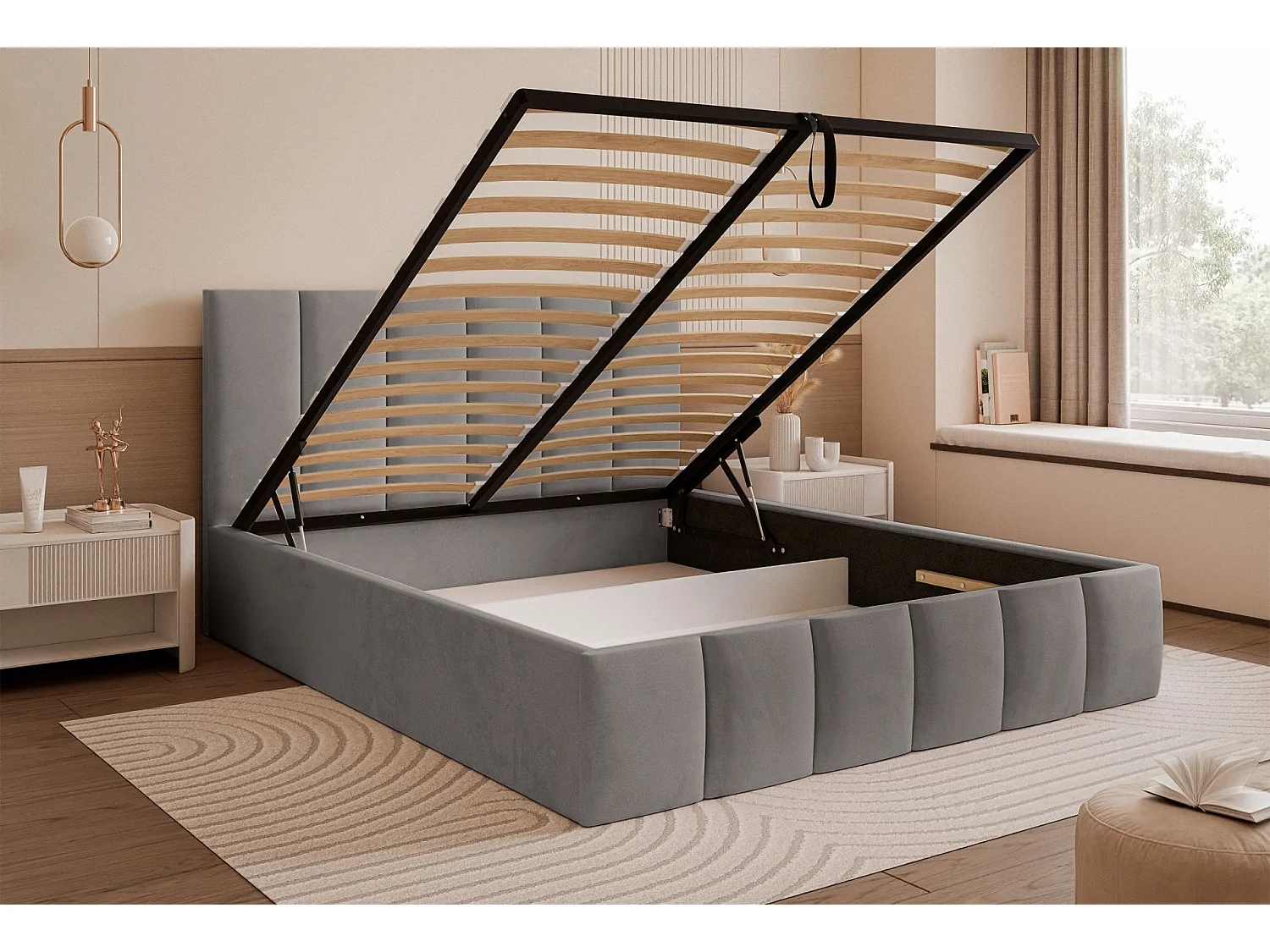 Lit coffre - 160x200 cm - en tissu velours gris clair - SARAFINO