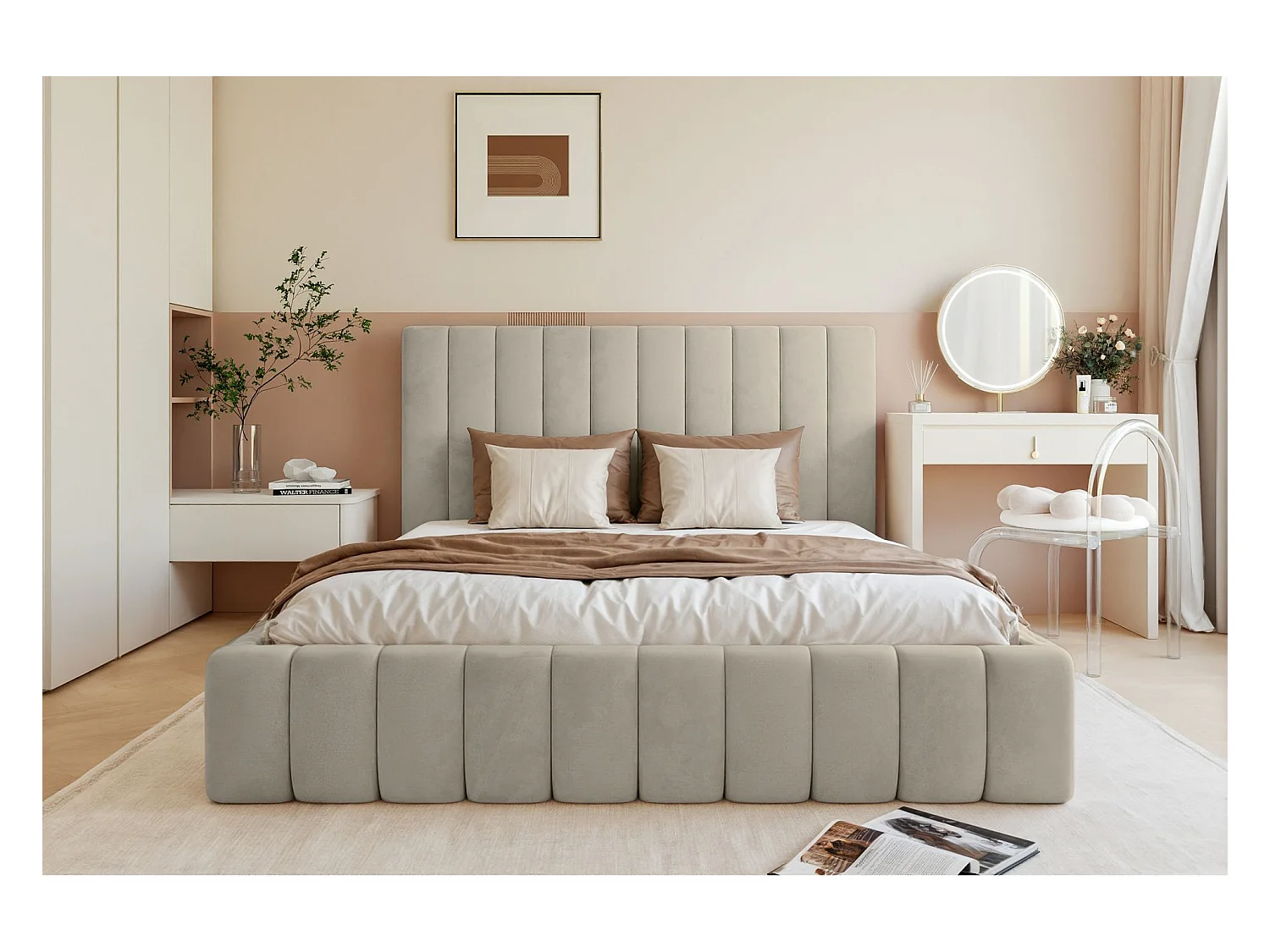 Lit coffre - 160x200 cm - en tissu velours beige clair - FIARRO