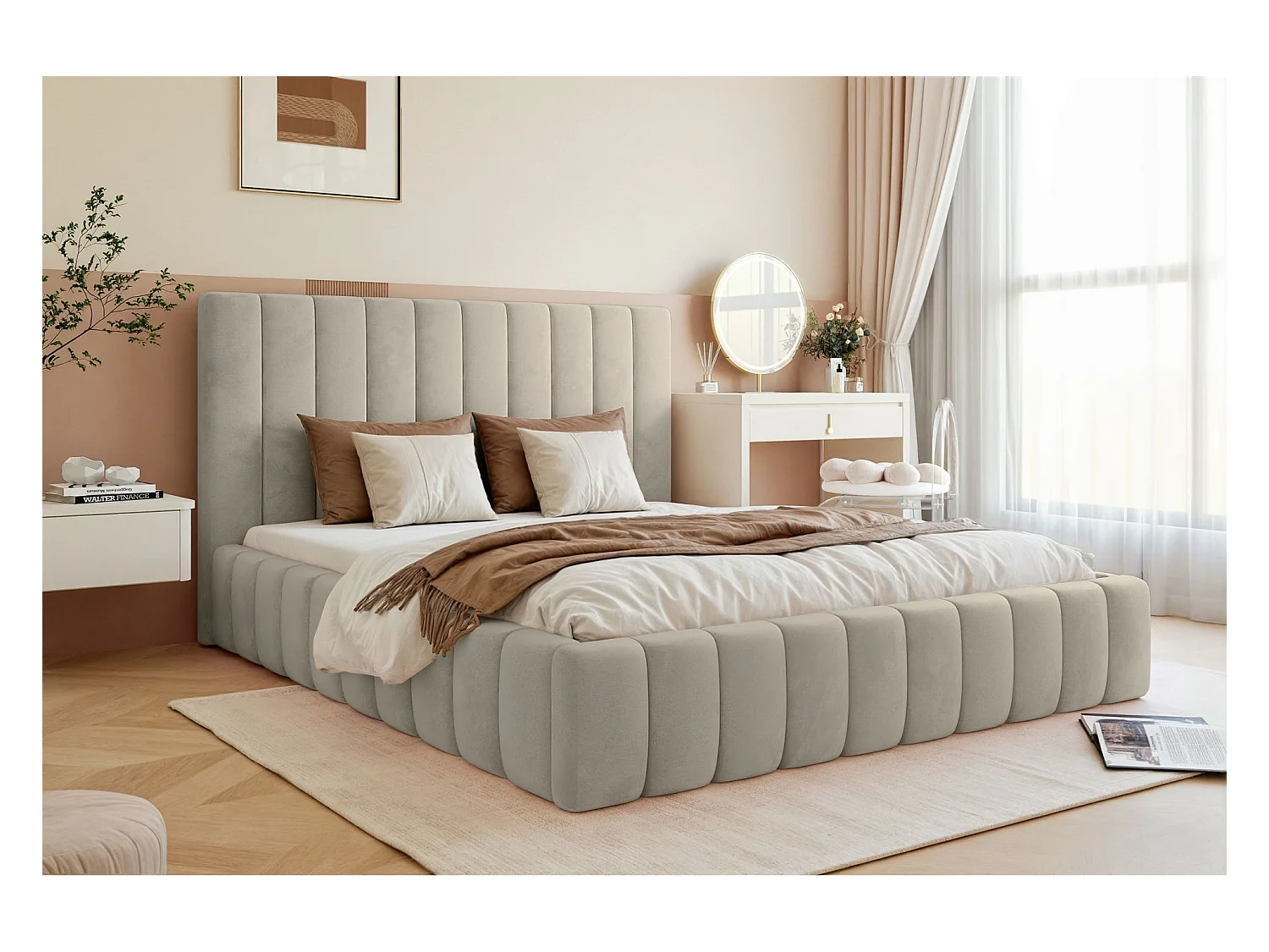 Lit coffre - 160x200 cm - en tissu velours beige clair - FIARRO