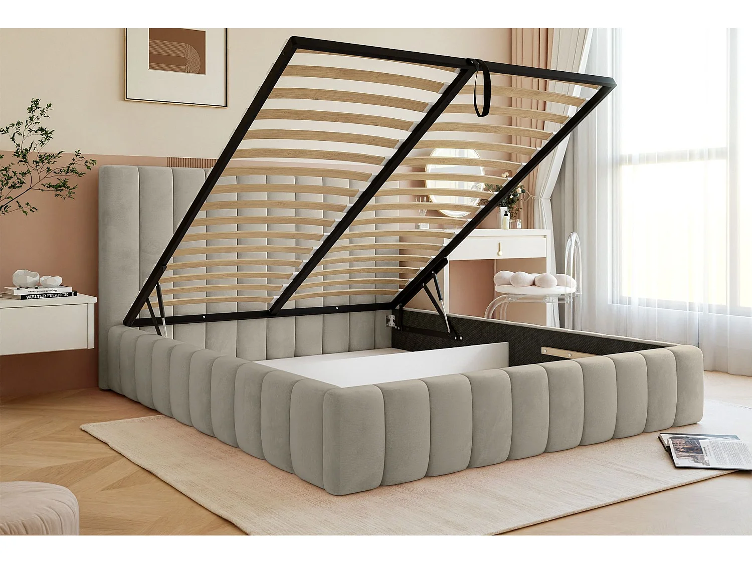 Lit coffre - 160x200 cm - en tissu velours beige clair - FIARRO