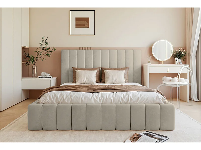 Lit coffre - 160x200 cm - en tissu velours beige clair - FIARRO