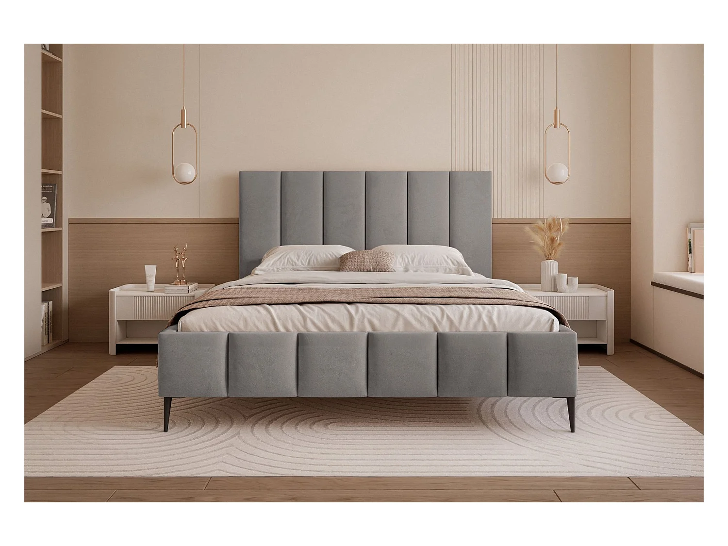 Lit coffre avec pieds - 180x200 cm - en tissu velours gris clair - SARAFINO