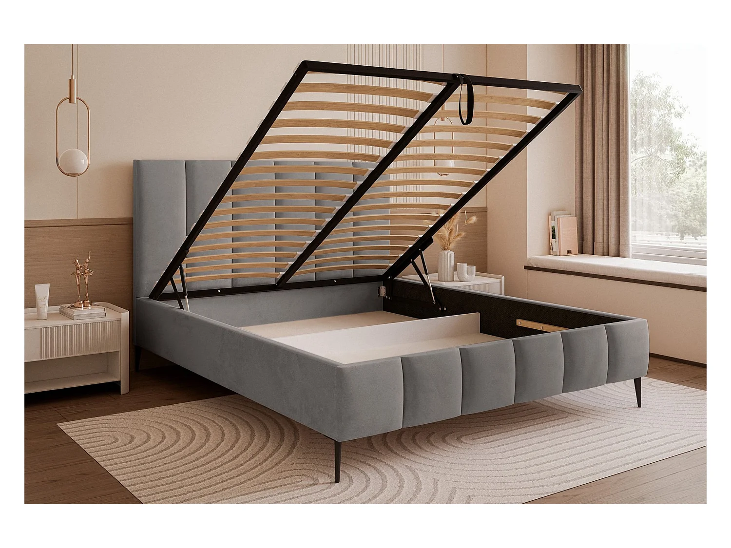 Lit coffre avec pieds - 180x200 cm - en tissu velours gris clair - SARAFINO