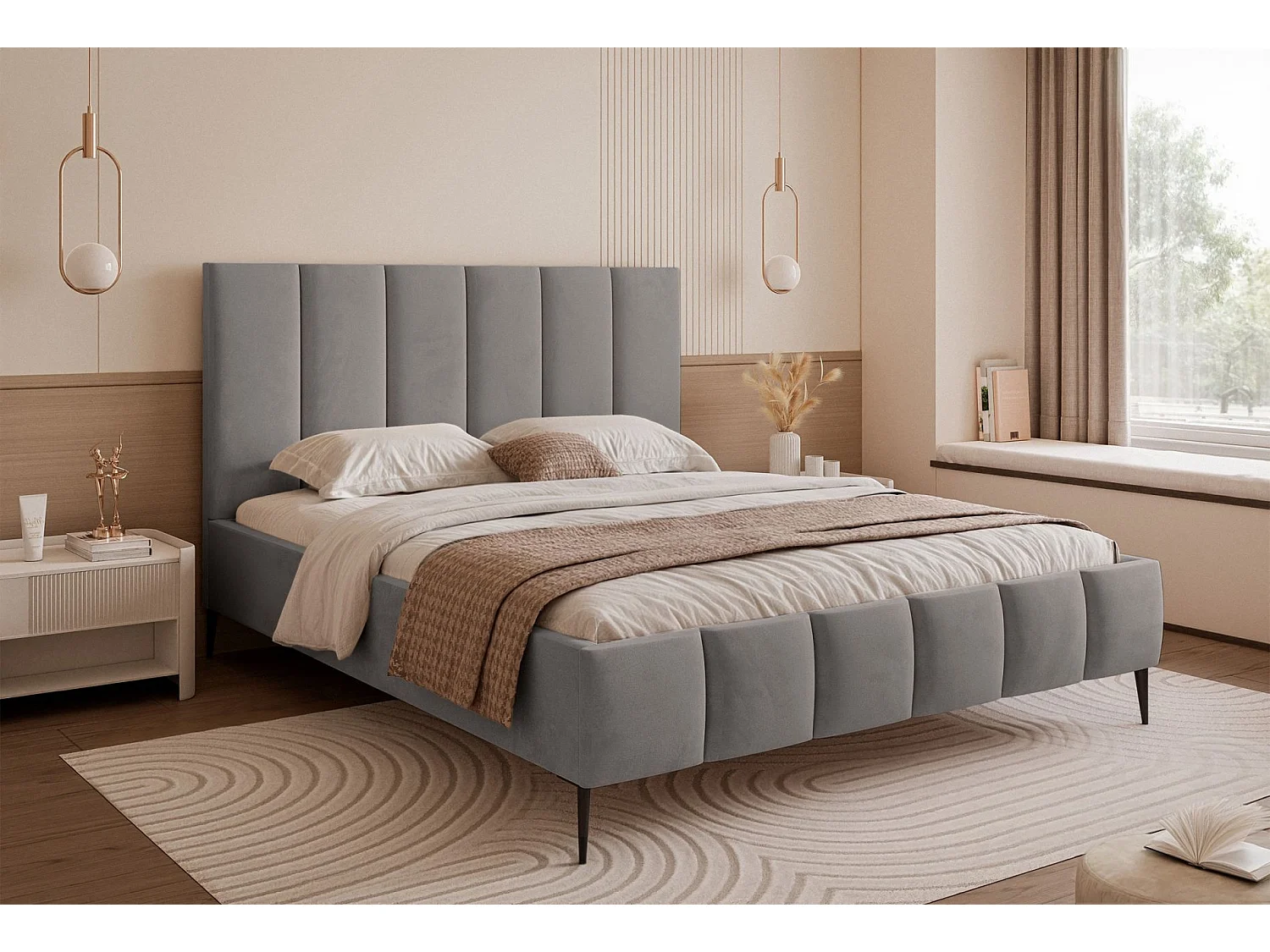 Lit coffre avec pieds - 180x200 cm - en tissu velours gris clair - SARAFINO
