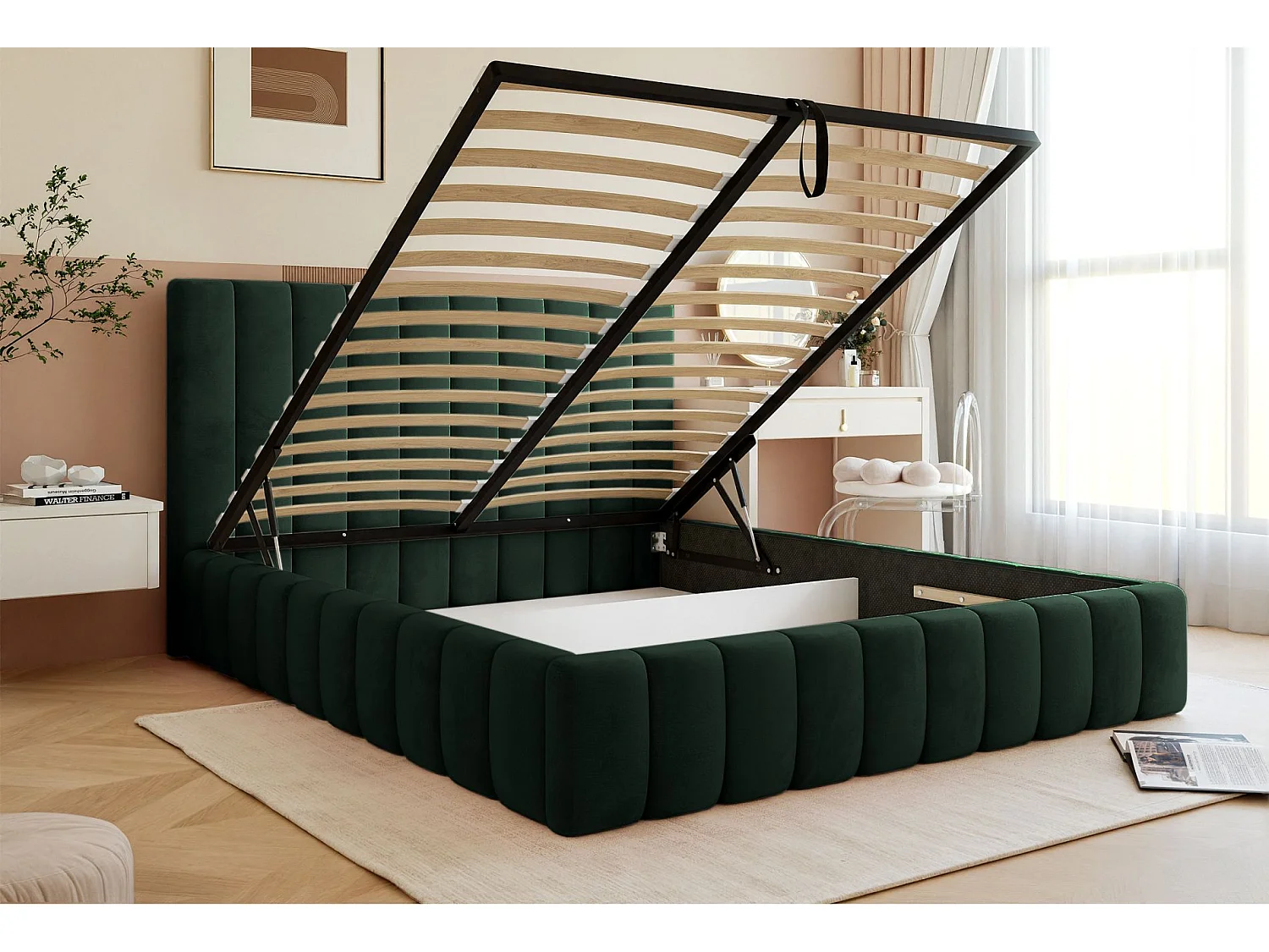 Lit coffre - 140x200 cm - en tissu velours vert foncé - FIARRO