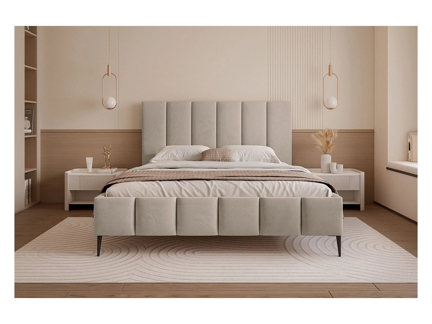 Lit coffre avec pieds - 180x200 cm - en tissu velours gris beige - SARAFINO