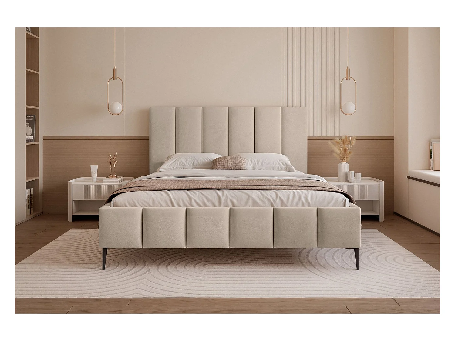 Lit coffre avec pieds - 140x200 cm - en tissu velours beige - SARAFINO