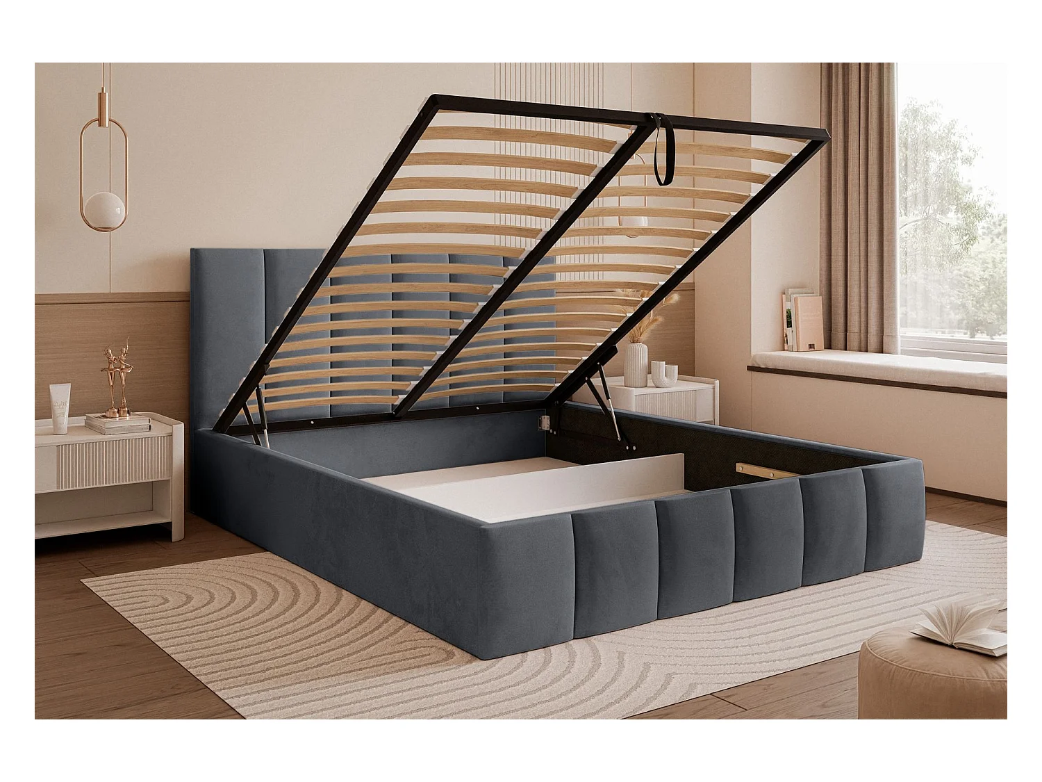 Lit coffre - 160x200 cm - en tissu velours gris foncé - SARAFINO