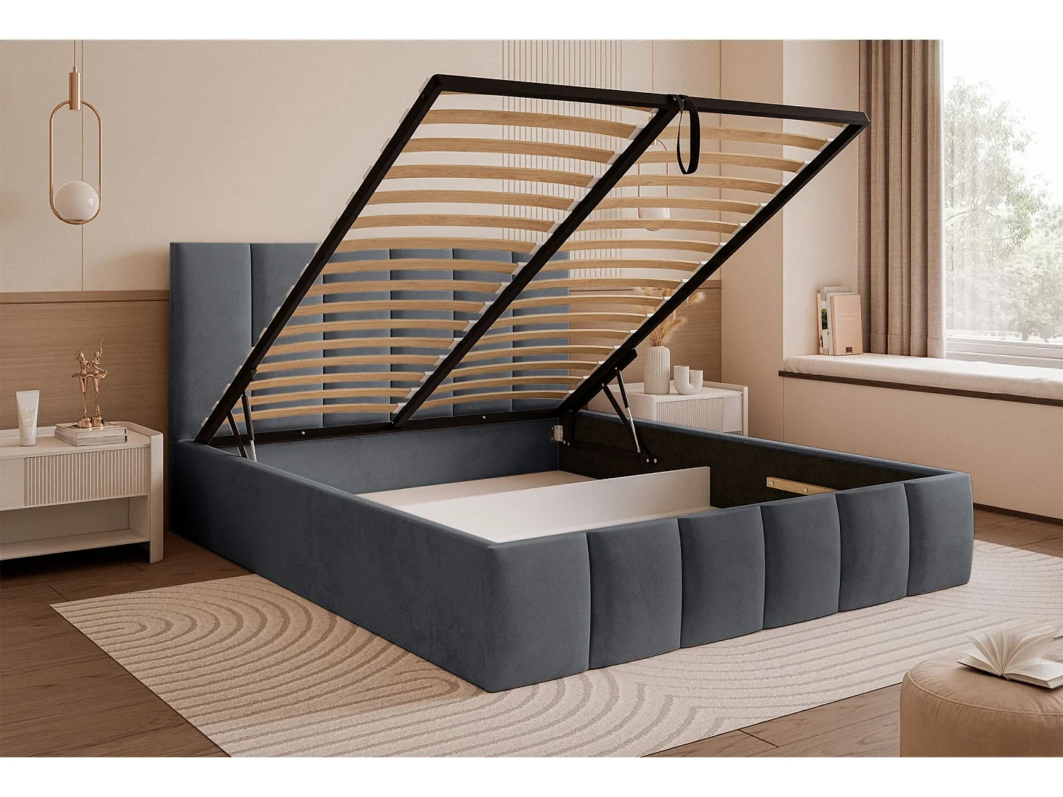 Lit coffre - 160x200 cm - en tissu velours gris foncé - SARAFINO