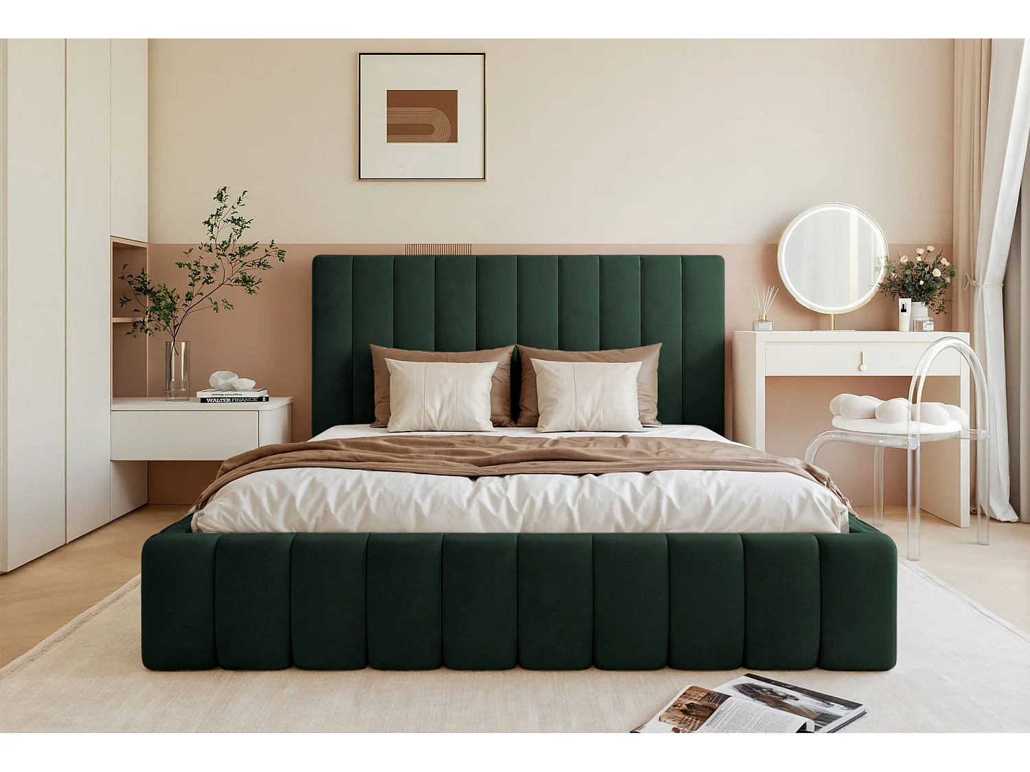 Opbergbed - 160x200 cm - in donkergroene fluwelen stof - FIARRO