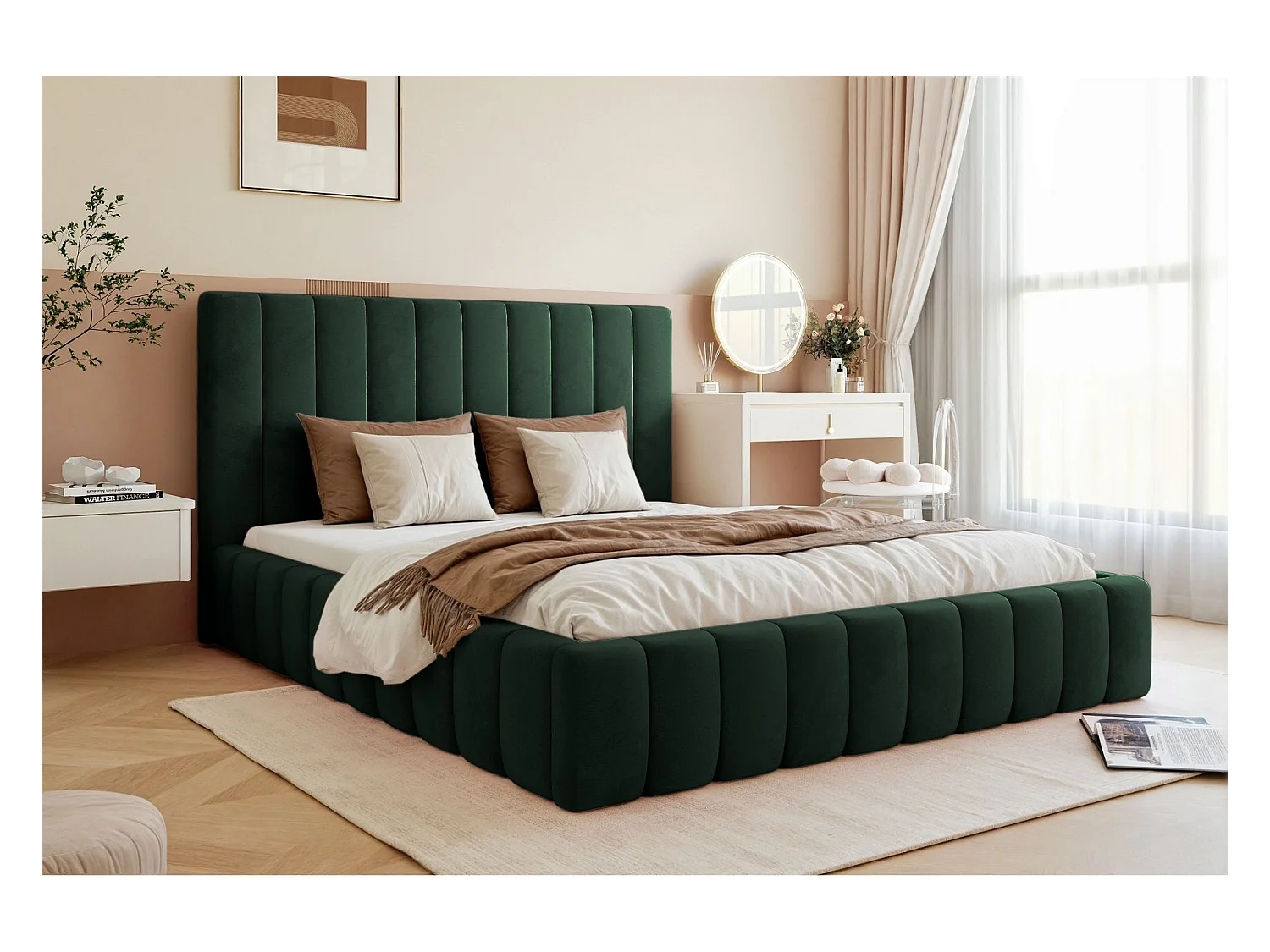 Lit coffre - 160x200 cm - en tissu velours vert foncé - FIARRO