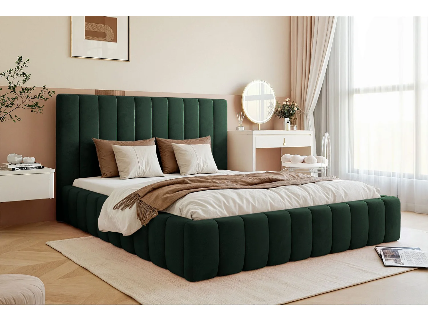 Lit coffre - 160x200 cm - en tissu velours vert foncé - FIARRO