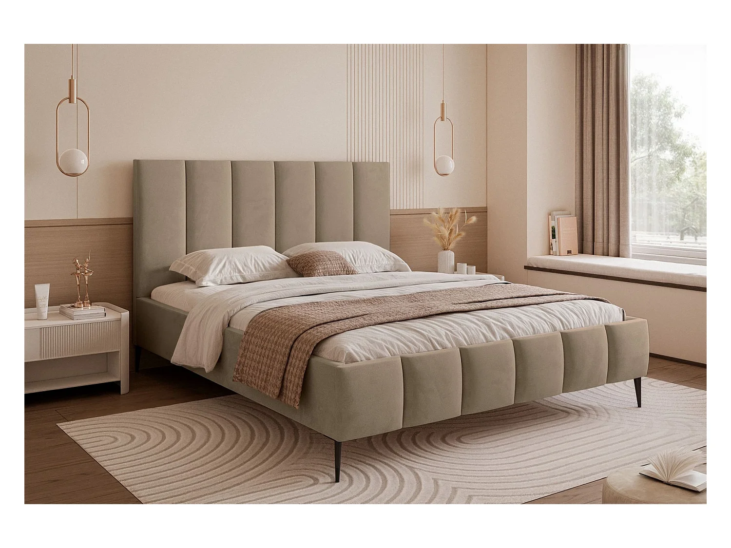 Lit coffre avec pieds - 180x200 cm - en tissu velours beige foncé - SARAFINO