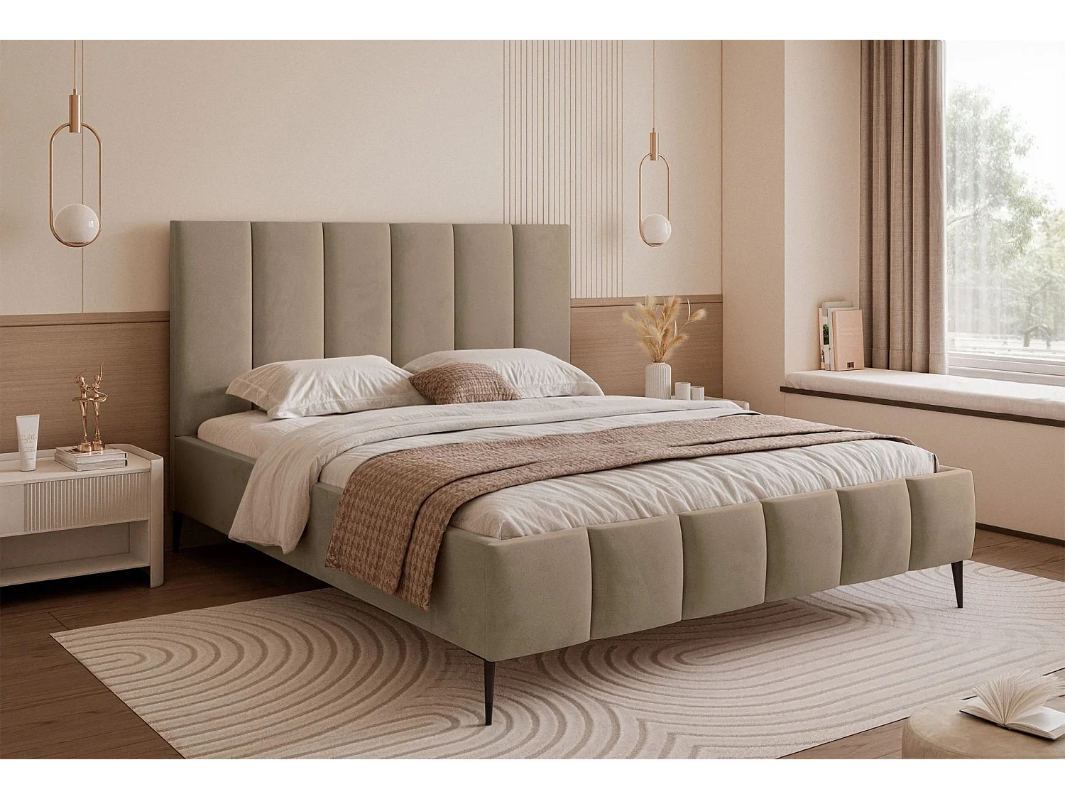 Lit coffre avec pieds - 180x200 cm - en tissu velours beige foncé - SARAFINO