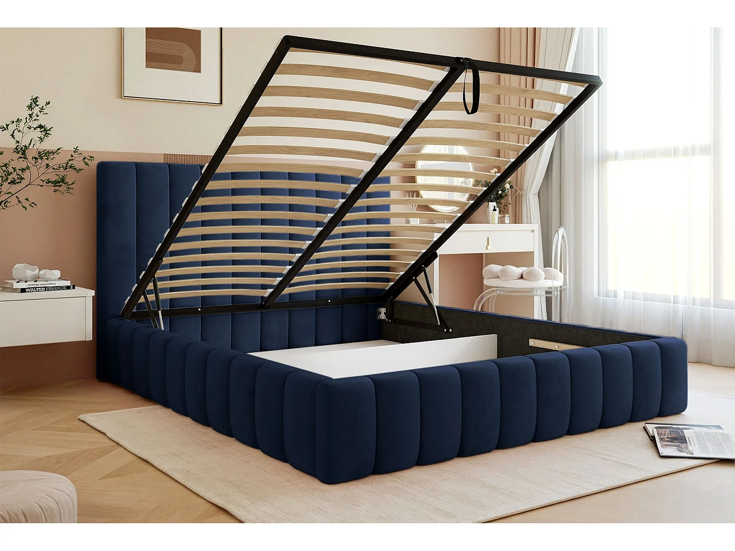 Lit coffre - 160x200 cm - en tissu velours marine - FIARRO