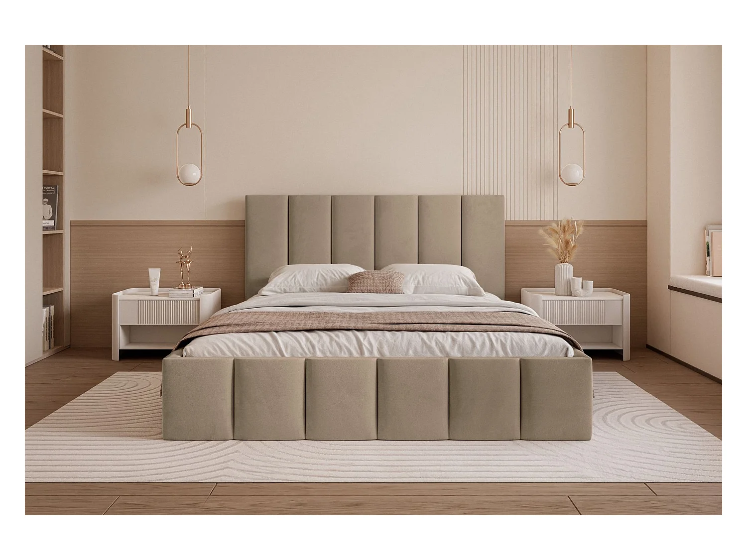 Lit coffre - 160x200 cm - en tissu velours beige foncé - SARAFINO