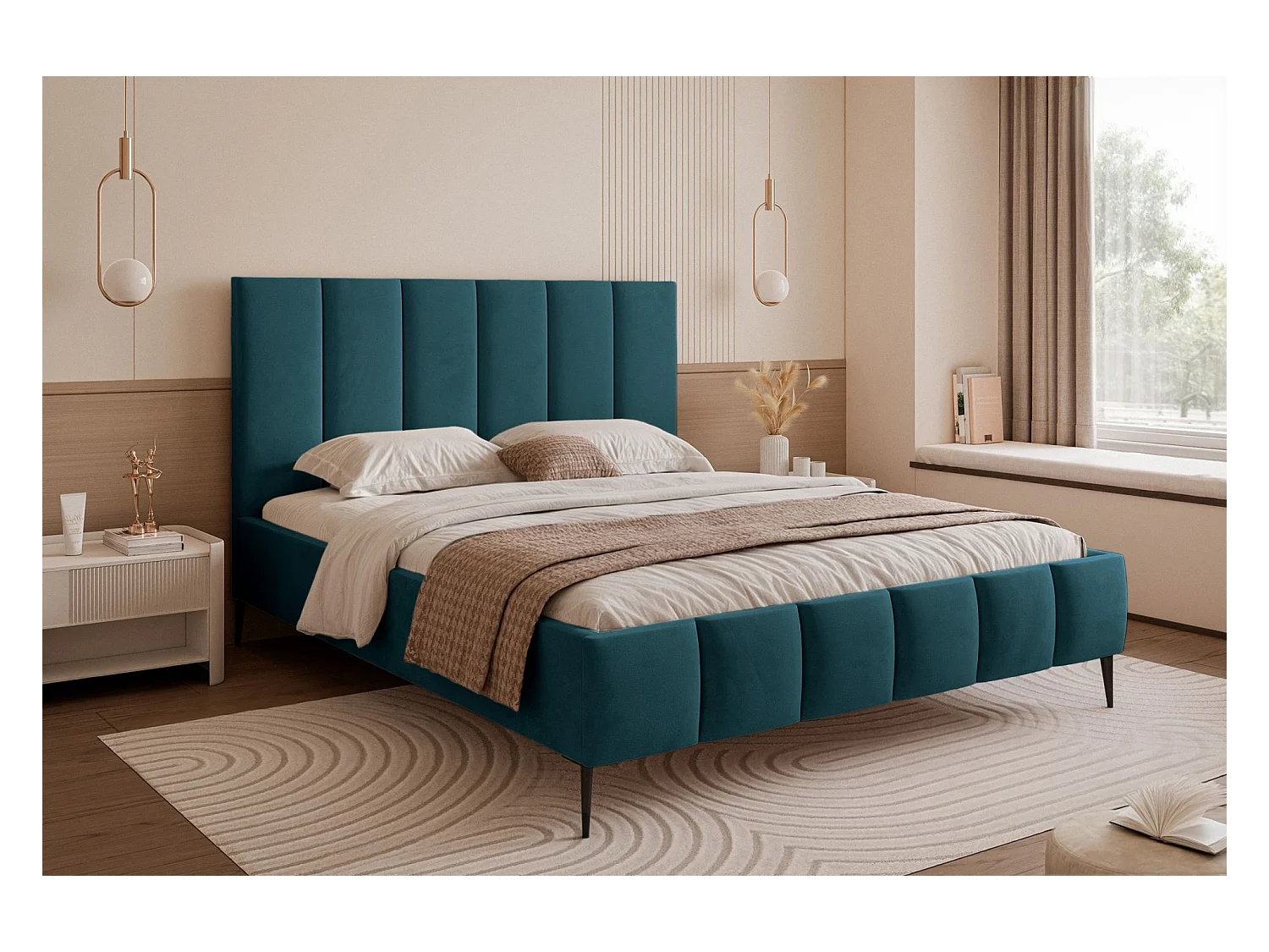Lit coffre avec pieds - 160x200 cm - en tissu velours turquoise - SARAFINO