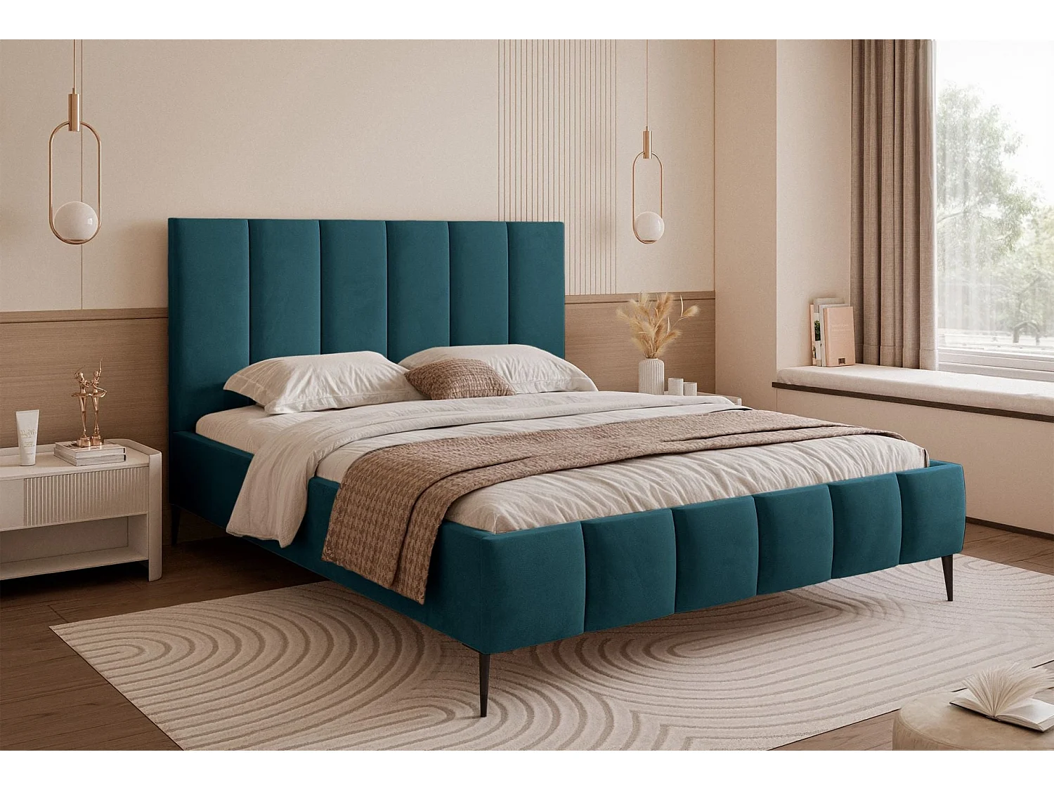 Lit coffre avec pieds - 160x200 cm - en tissu velours turquoise - SARAFINO