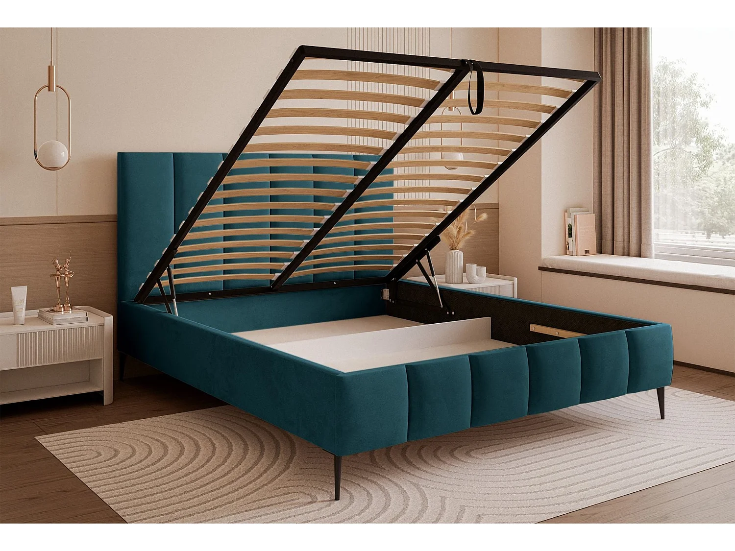 Lit coffre avec pieds - 160x200 cm - en tissu velours turquoise - SARAFINO