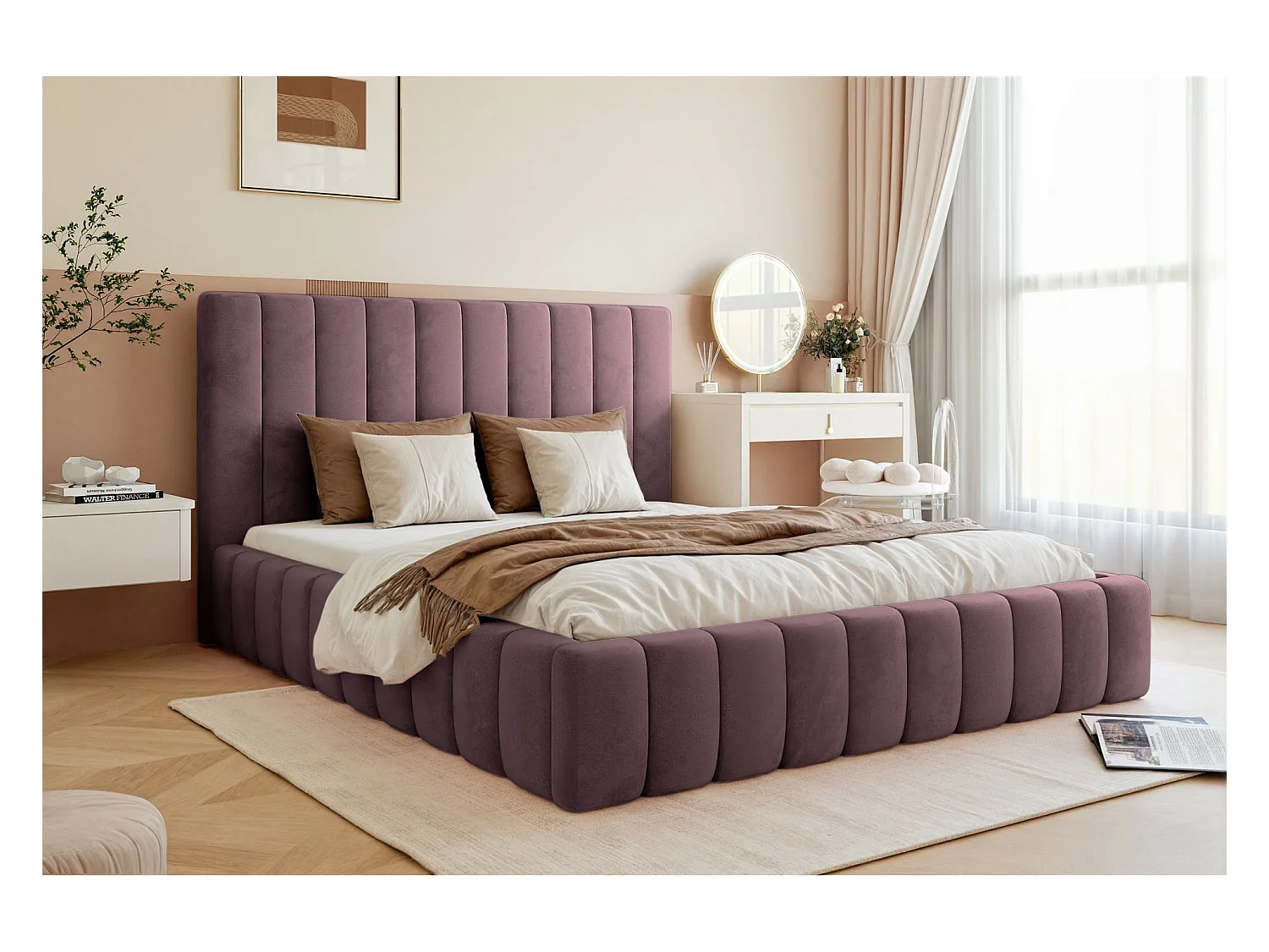 Lit coffre - 140x200 cm - en tissu velours violet - FIARRO