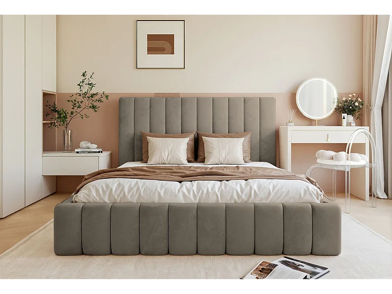 Opbergbed - 160x200 cm - in grijsbeige fluwelen stof - FIARRO