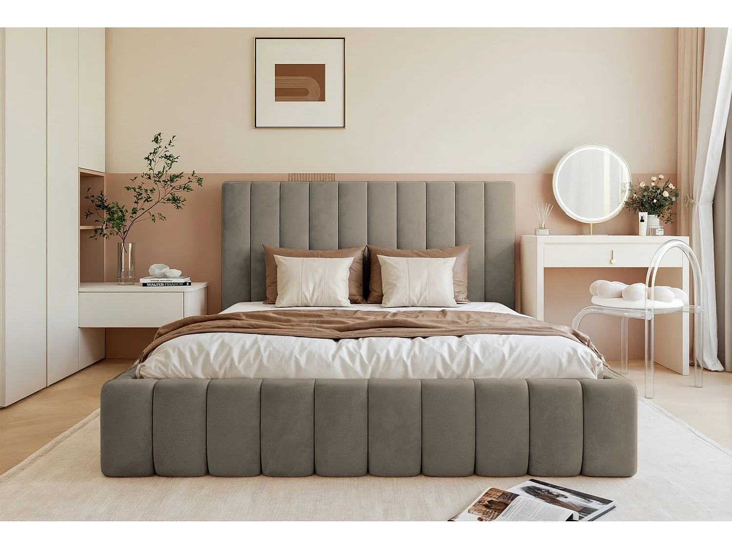 Lit coffre - 160x200 cm - en tissu velours gris-beige - FIARRO