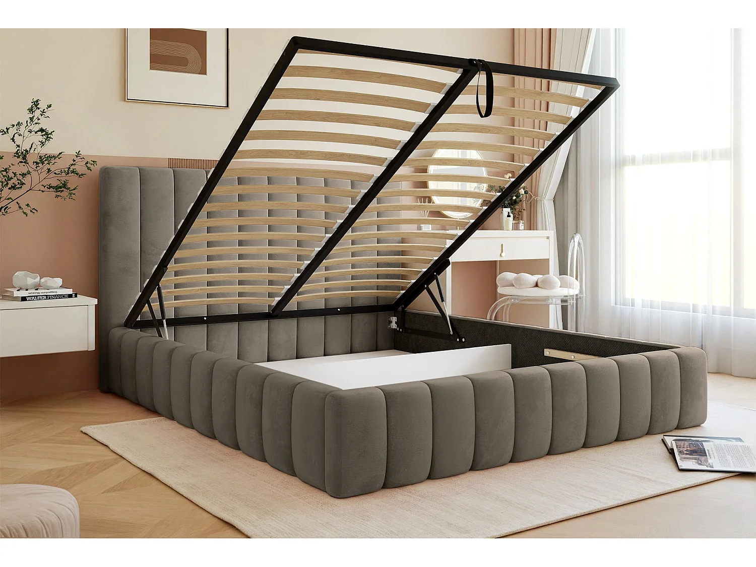 Lit coffre - 160x200 cm - en tissu velours gris-beige - FIARRO