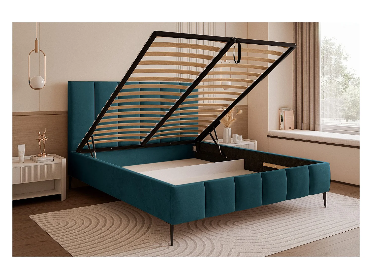 Lit coffre avec pieds - 180x200 cm - en tissu velours turquoise - SARAFINO