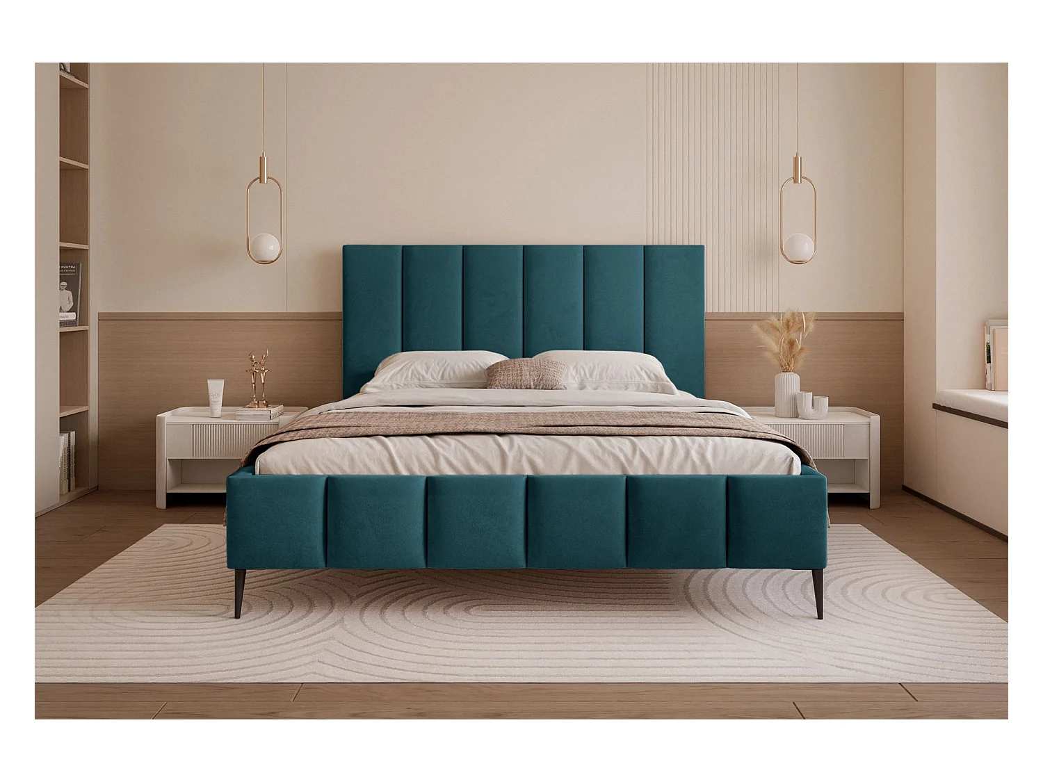 Lit coffre avec pieds - 180x200 cm - en tissu velours turquoise - SARAFINO