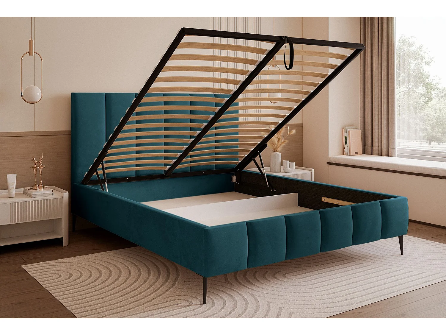 Lit coffre avec pieds - 180x200 cm - en tissu velours turquoise - SARAFINO