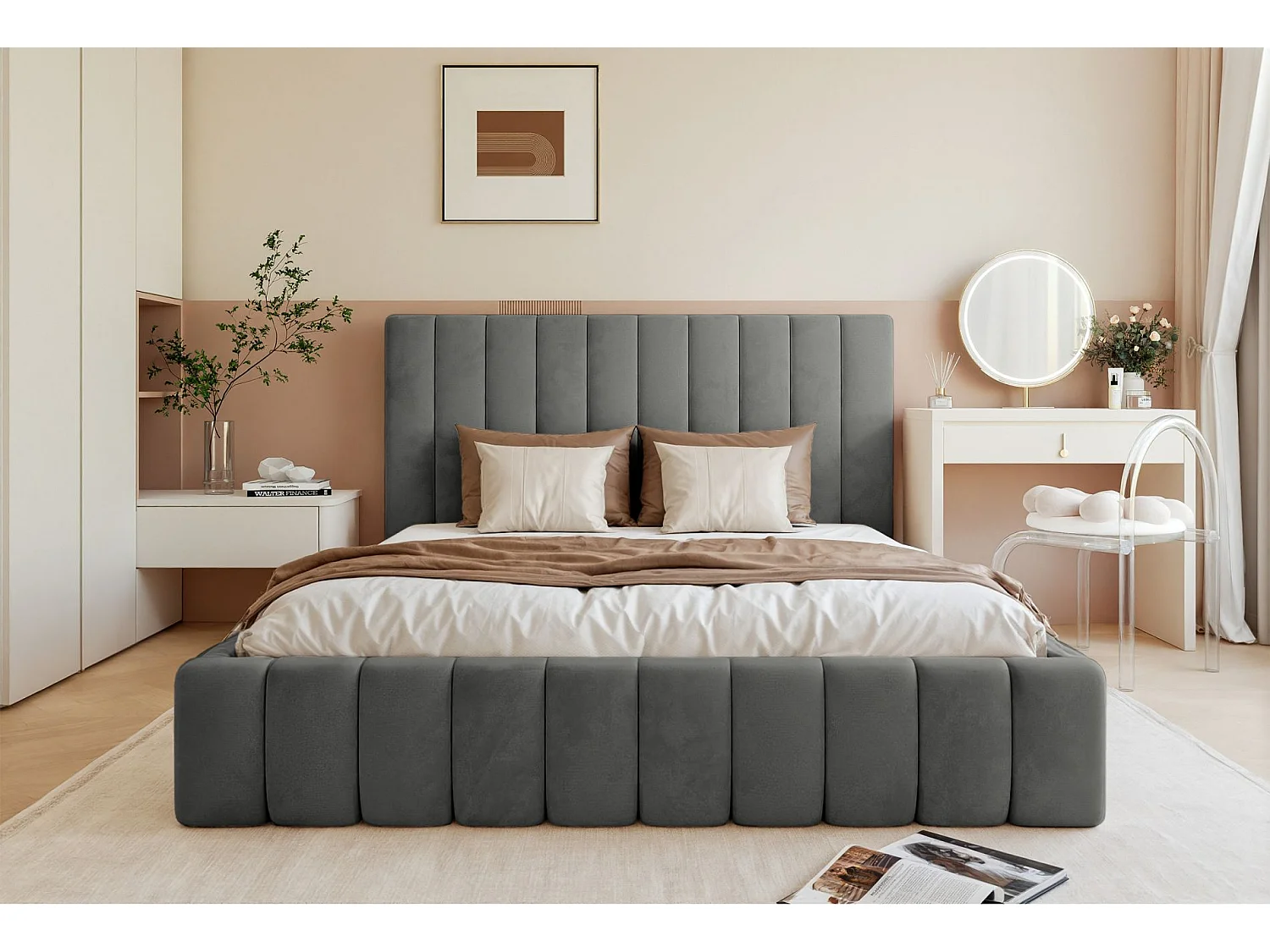 Lit coffre - 140x200 cm - en tissu velours gris - FIARRO