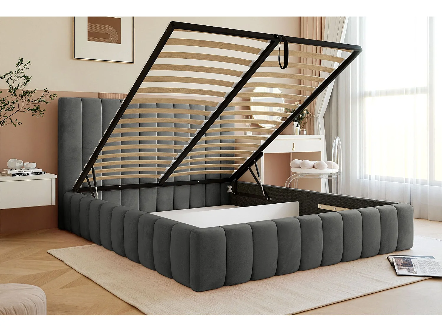 Lit coffre - 140x200 cm - en tissu velours gris - FIARRO