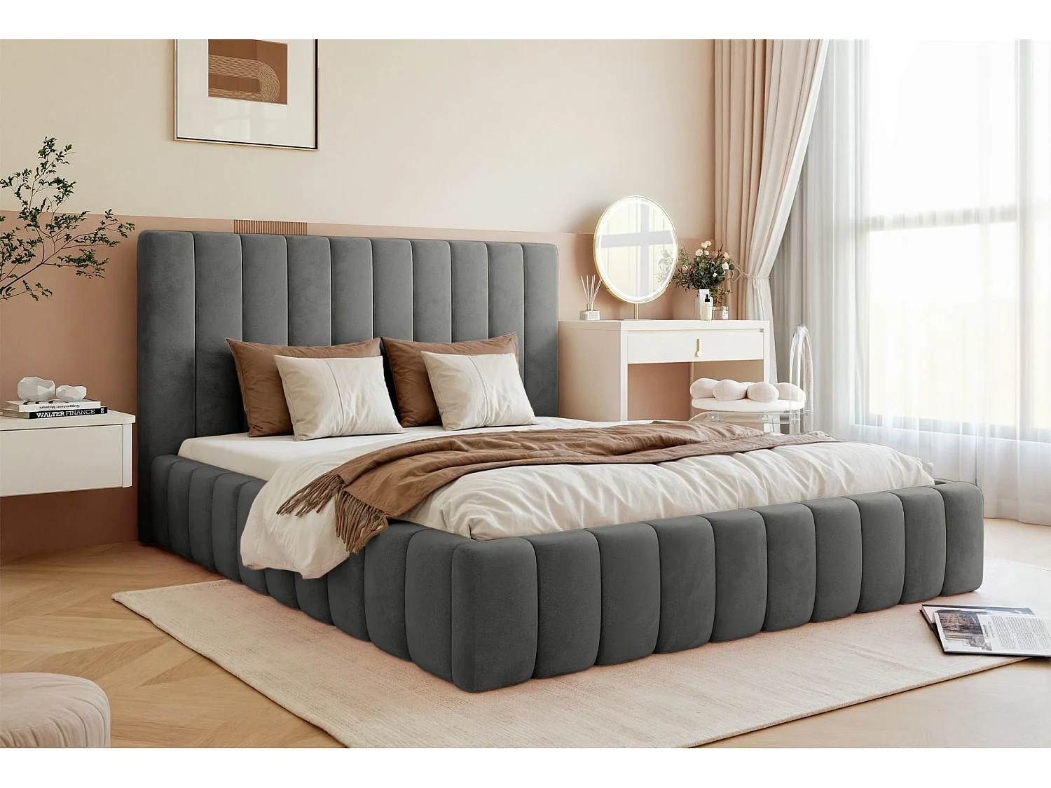 Lit coffre - 140x200 cm - en tissu velours gris - FIARRO