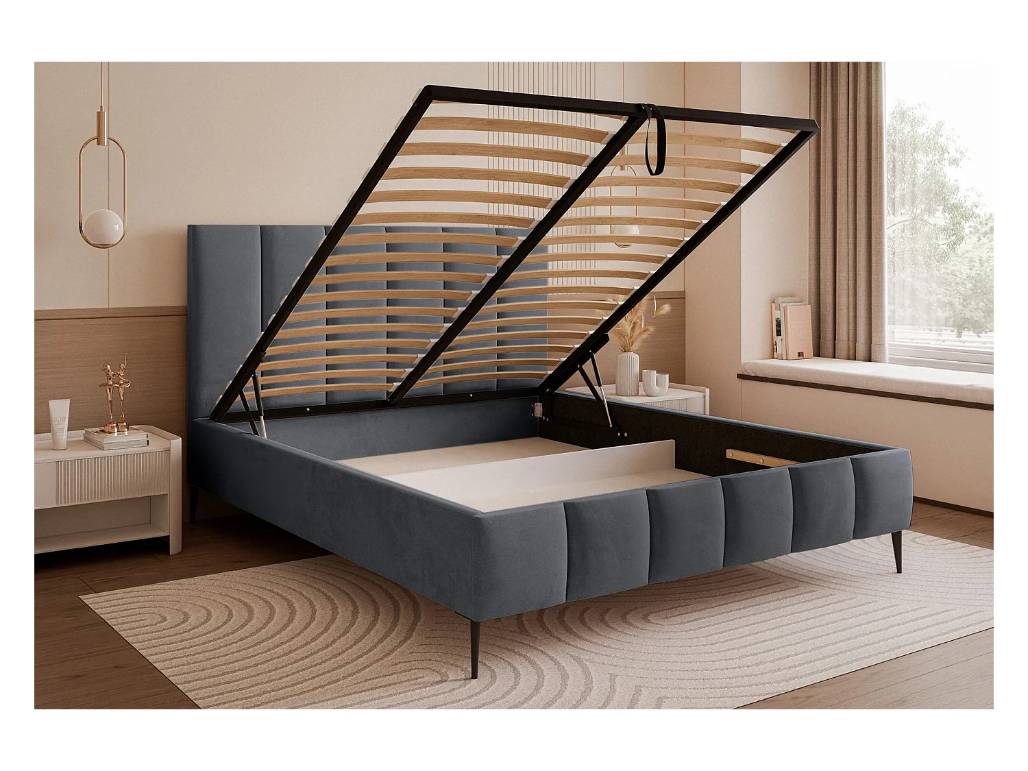 Opbergbed met poten - 180x200 cm - in donkergrijze fluwelen stof - SARAFINO