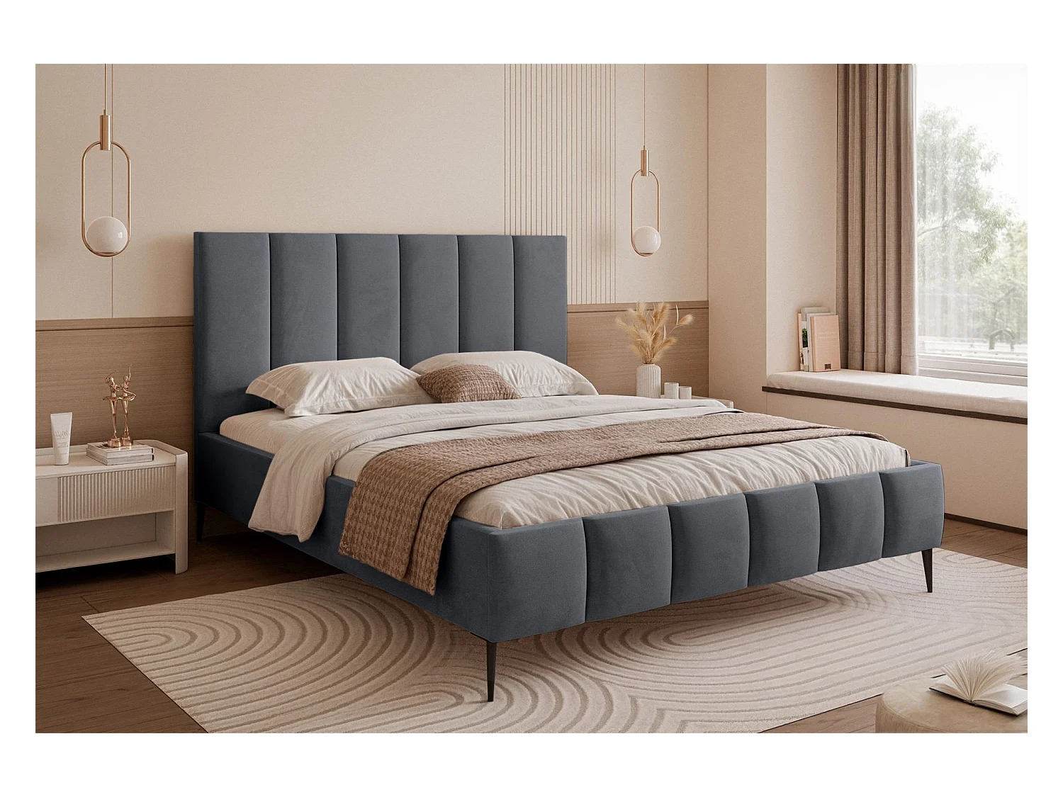 Lit coffre avec pieds - 180x200 cm - en tissu velours gris foncé - SARAFINO
