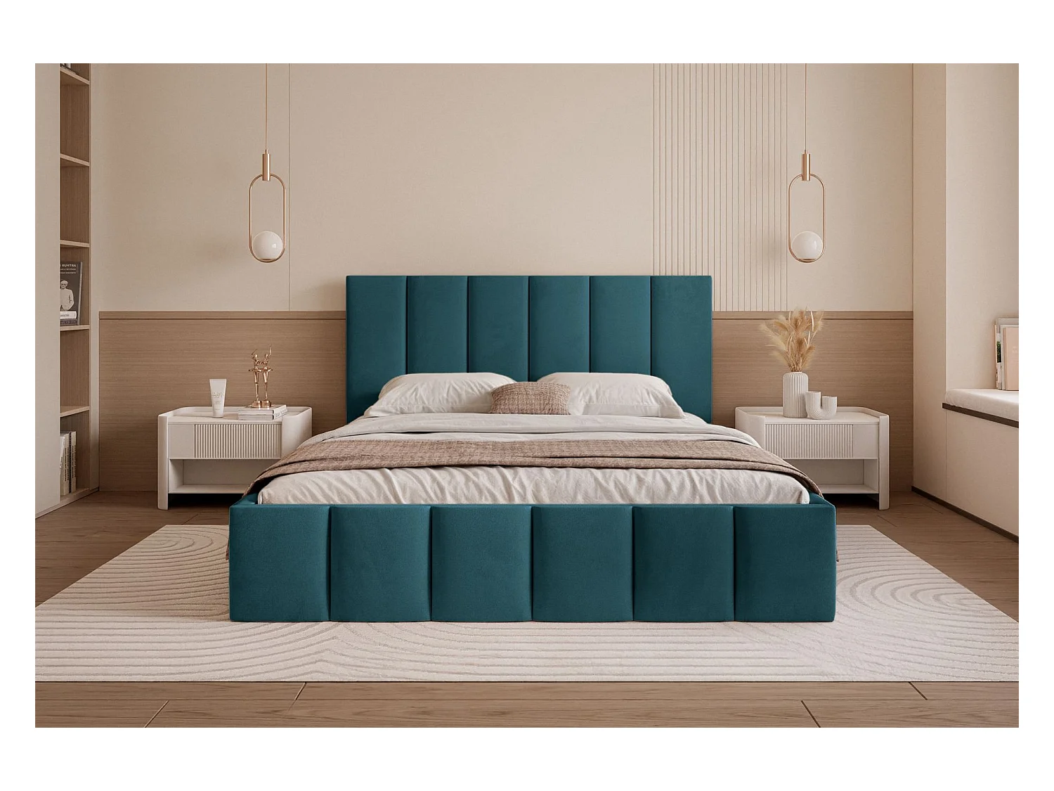 Lit coffre - 140x200 cm - en tissu velours turquoise - SARAFINO