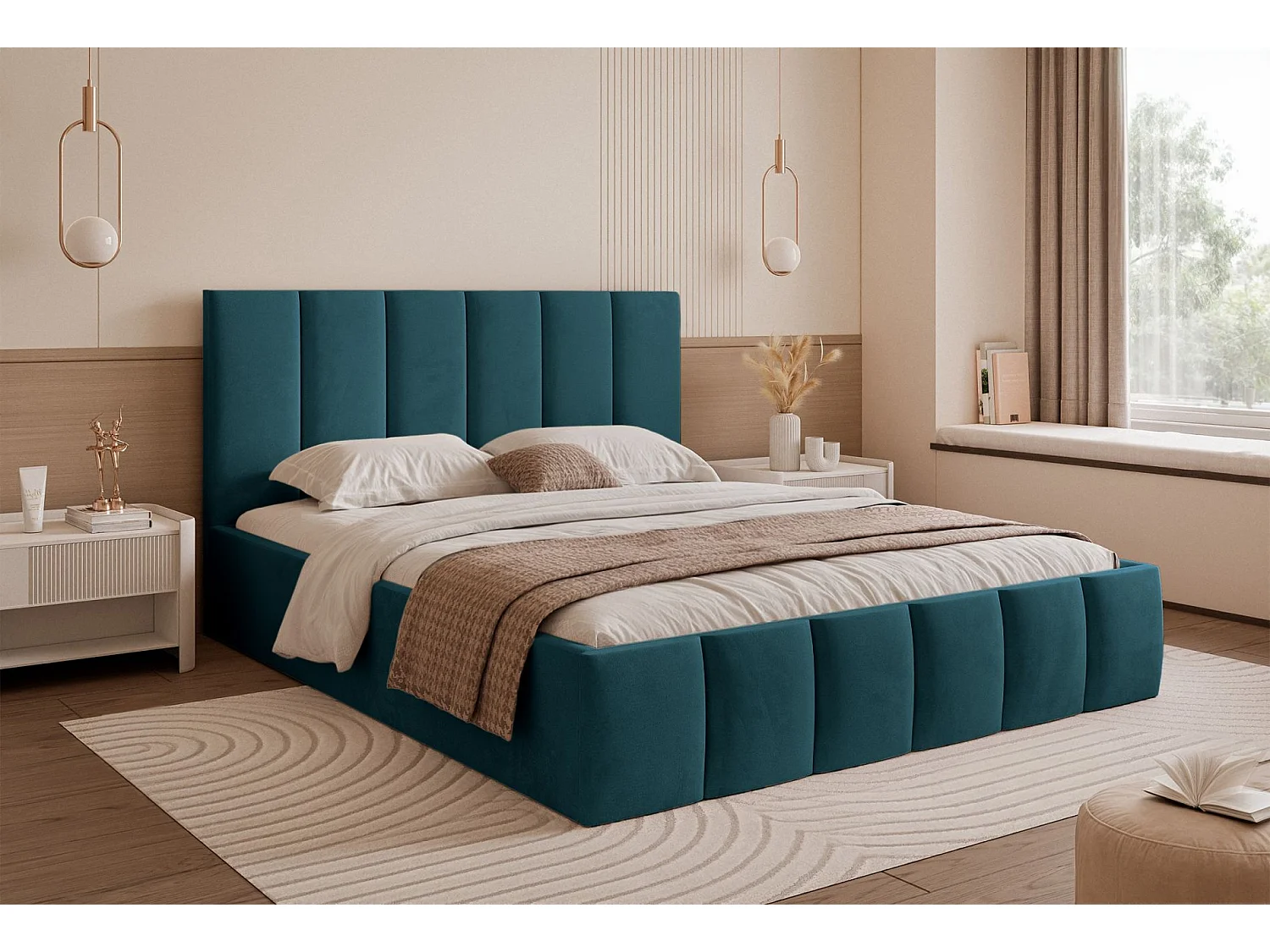 Lit coffre - 140x200 cm - en tissu velours turquoise - SARAFINO