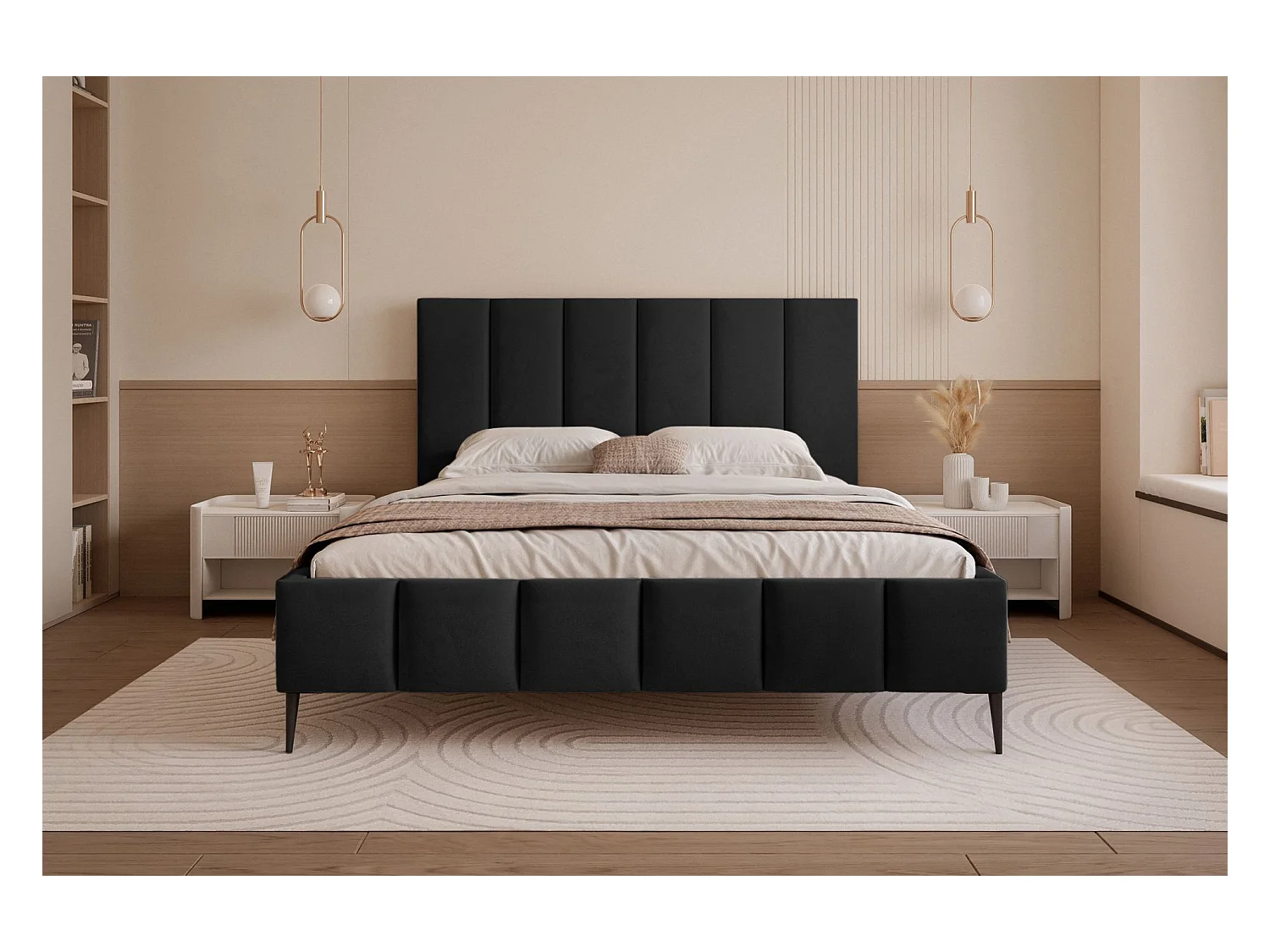 Lit coffre avec pieds - 180x200 cm - en tissu velours schwarz - SARAFINO