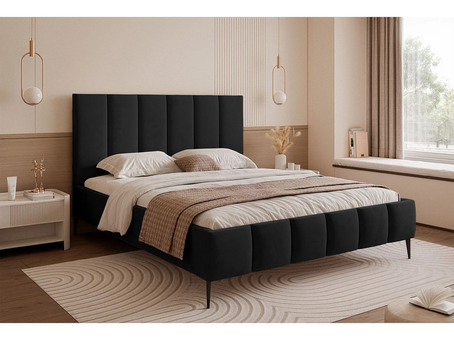 Lit coffre avec pieds - 180x200 cm - en tissu velours schwarz - SARAFINO