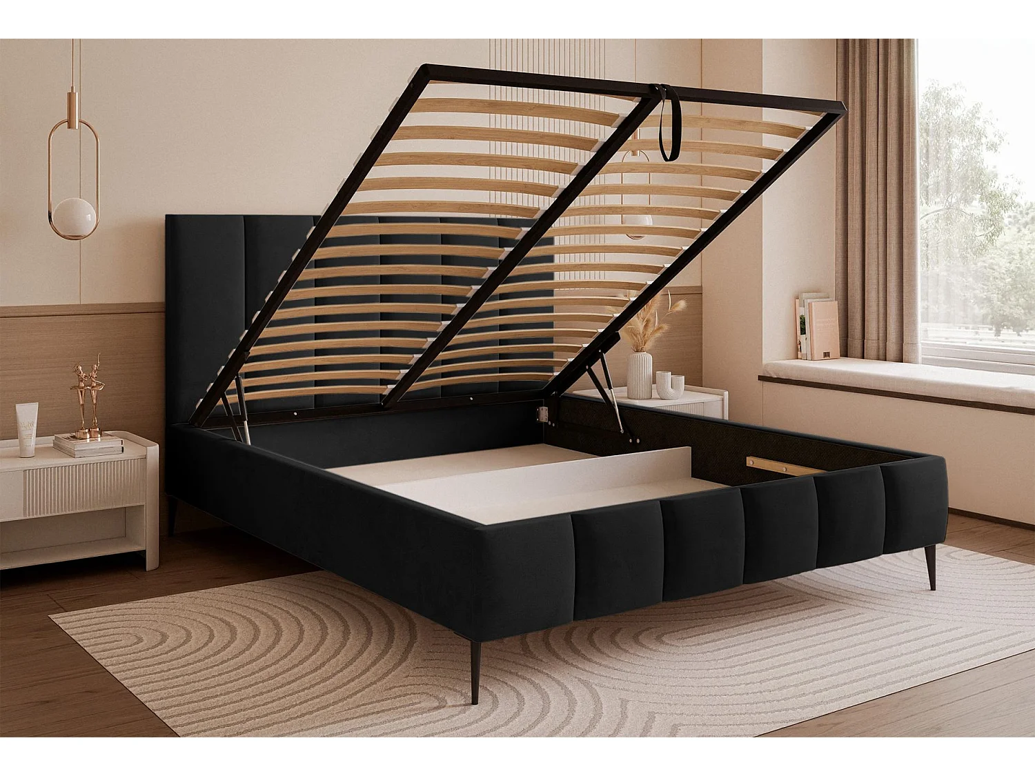 Lit coffre avec pieds - 180x200 cm - en tissu velours schwarz - SARAFINO