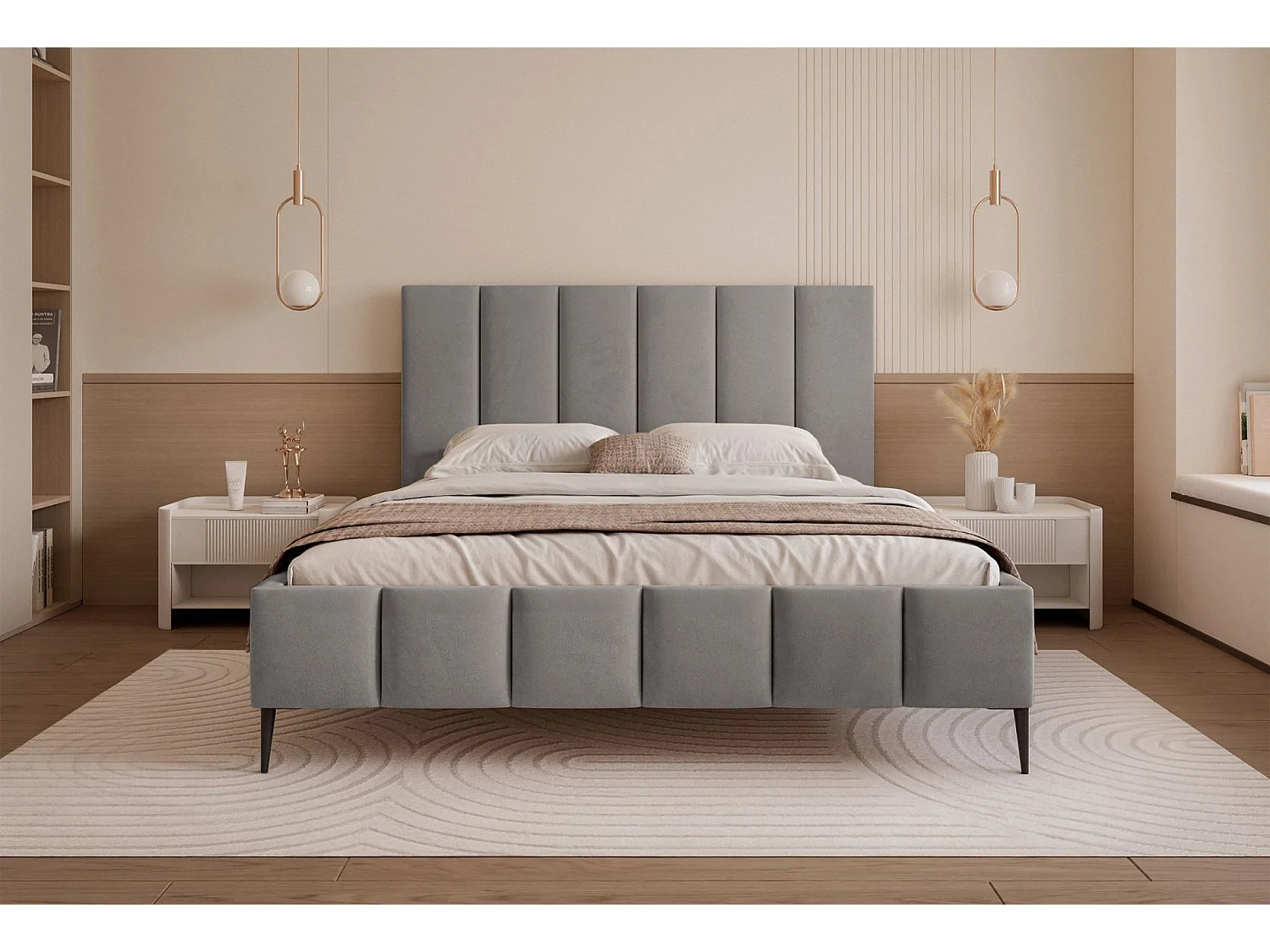 Lit coffre avec pieds - 140x200 cm - en tissu velours gris clair - SARAFINO