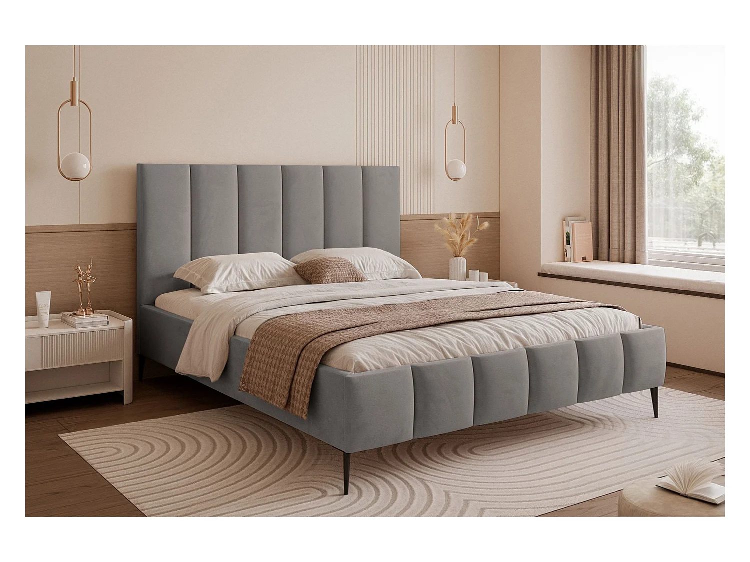 Lit coffre avec pieds - 140x200 cm - en tissu velours gris clair - SARAFINO