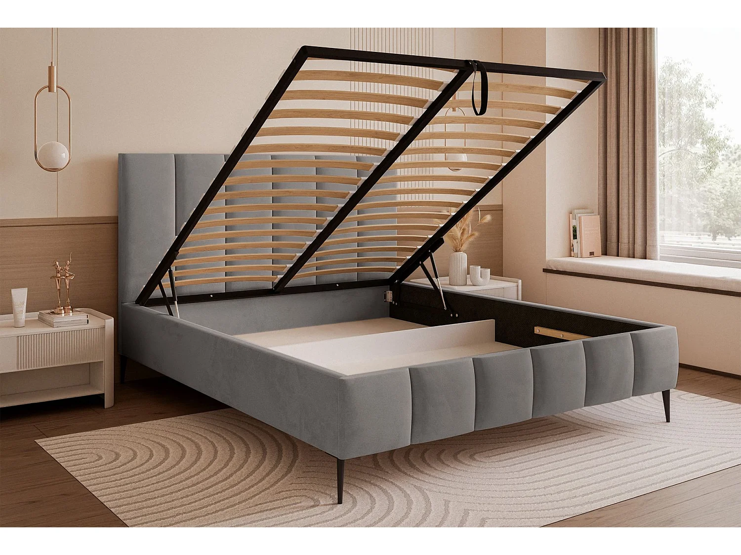 Lit coffre avec pieds - 140x200 cm - en tissu velours gris clair - SARAFINO