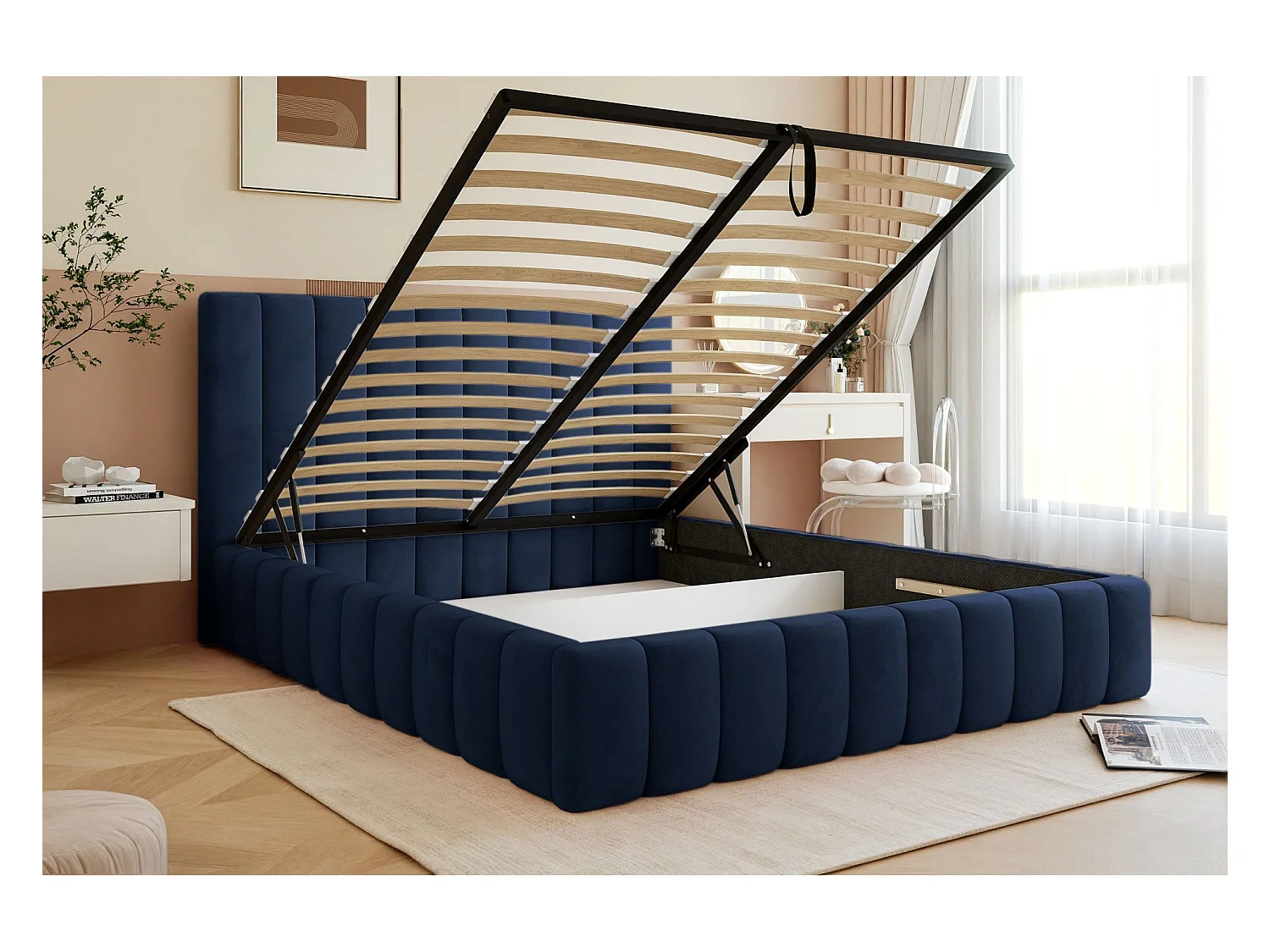 Lit coffre - 140x200 cm - en tissu velours marine - FIARRO