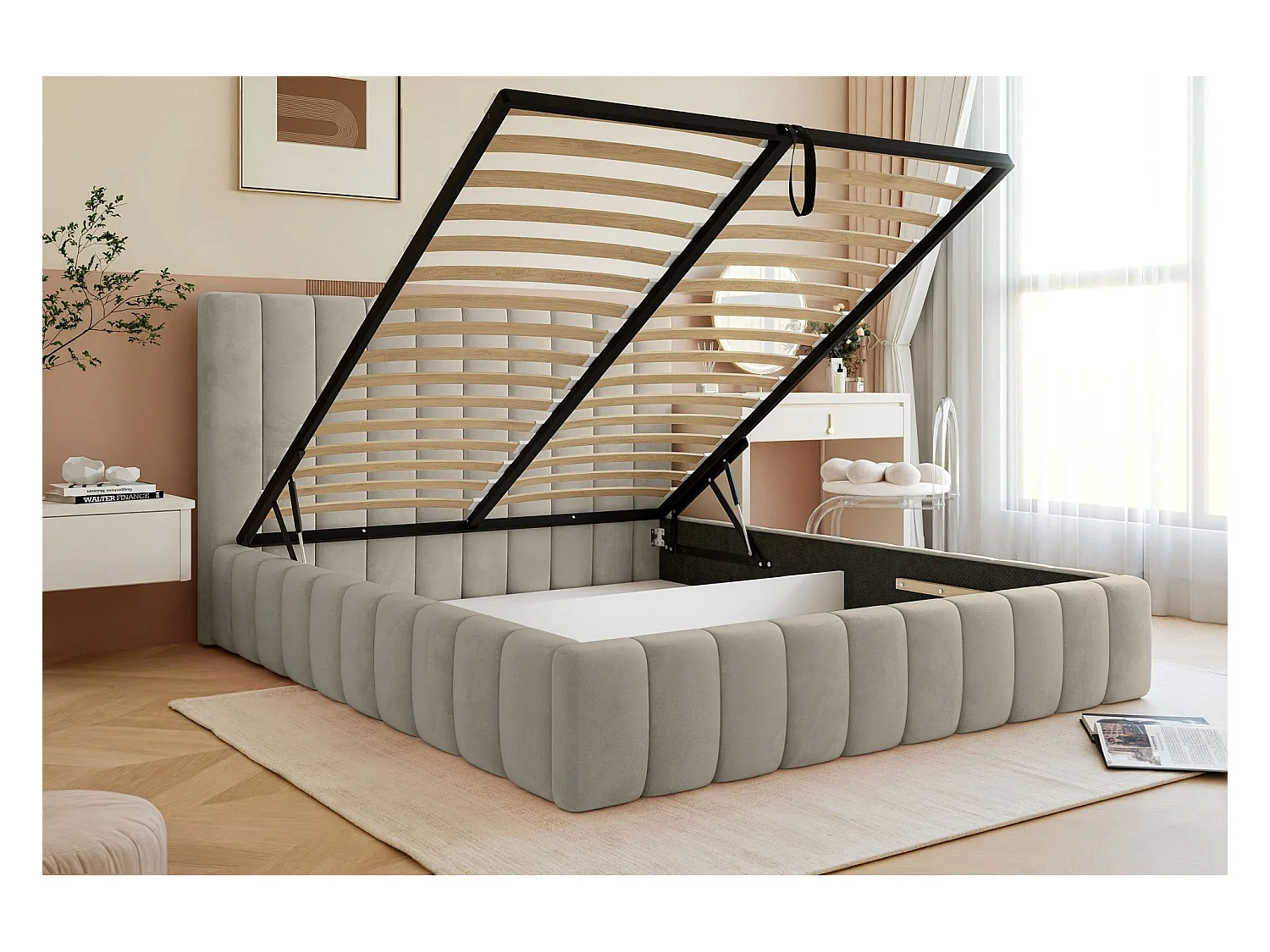 Lit coffre - 140x200 cm - en tissu velours beige clair - FIARRO