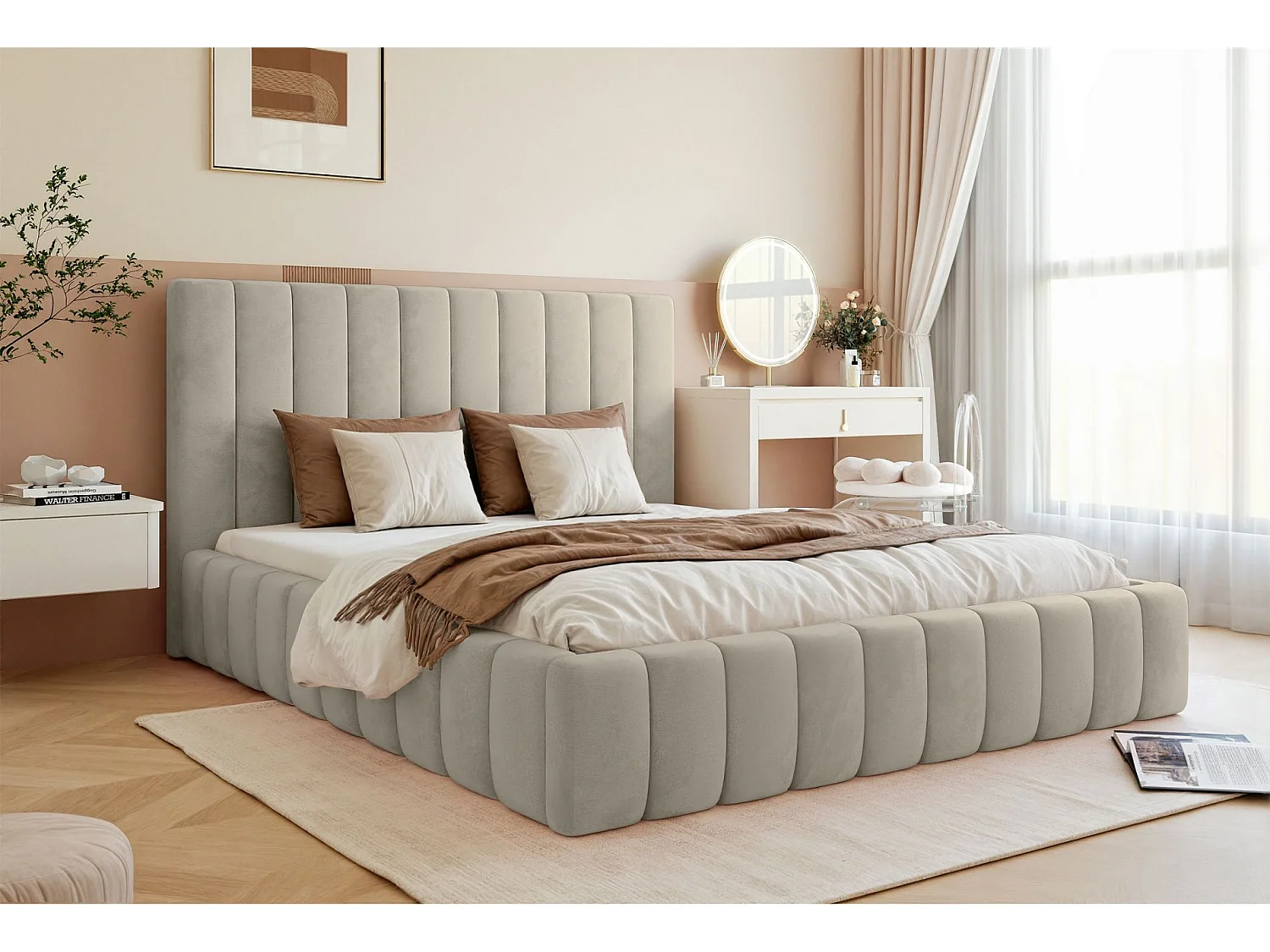 Lit coffre - 140x200 cm - en tissu velours beige clair - FIARRO